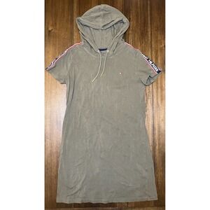 Tommy Hilfiger Olive Green Short Sleeve Hooded T Shirt Dress Logo Tape Size M